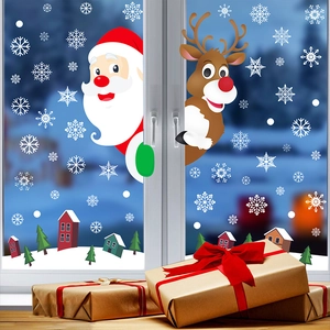 Christmas Window Clings Double Sided PVC Static Stickers Snowflakes Santa Reindeer Holiday Glass Decoration Festive Decor