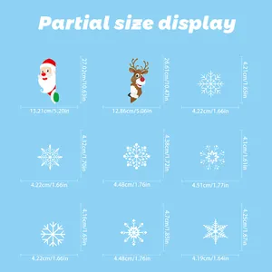Tabella delle taglie per adesivi natalizi con dimensioni di Babbo Natale e renne