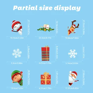 Size chart for Christmas static stickers including Santa Claus, snowman and reindeer decals