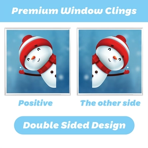 Detailed comparison showing high-quality double sided design of cute snowman window clings