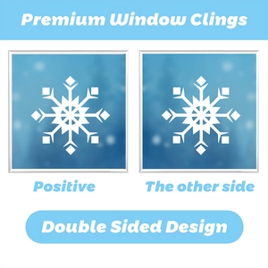 Detailed view of double sided white snowflake window clings with same visual effect