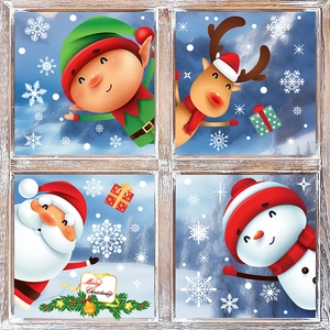 Christmas Window Clings Static PVC Stickers Double Sided Cartoon Snowman Santa Reindeer Elf Snowflake Holiday Glass Decoration