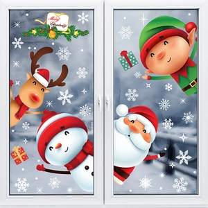 Christmas window static stickers featuring Santa, snowman, and reindeer on glass pane