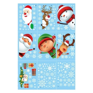 Cartoon Christmas window clings set with Santa and reindeer on a 9-sheet grid display