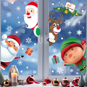 Stickers de fenêtre de Noël avec Père Noël et renne sur verre et flocons de neige
