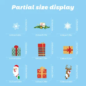 Detailed size chart for Christmas window stickers featuring Santa and snowflake dimensions