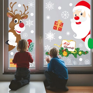 Cartoon Santa and reindeer static window decals for Christmas glass door decoration