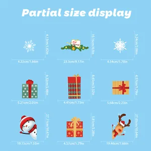 Size chart showing precise dimensions for Christmas snowman, elk and gift window stickers