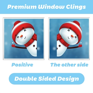 Double-sided Christmas snowman window clings showing both positive and reverse view designs