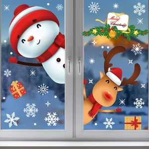 Christmas static window decals featuring snowman reindeer and snowflakes on glass