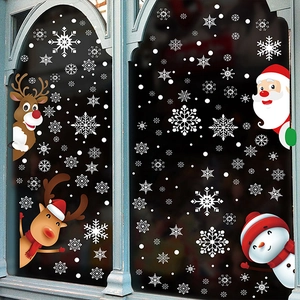 Christmas Santa Claus and Reindeer static window decals set with white snowflake stickers