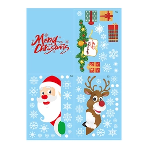 Cartoon Santa and Reindeer window stickers with Merry Christmas typography and snowflakes