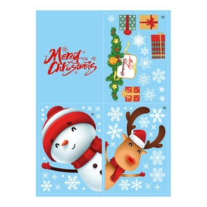 Christmas window stickers set with cartoon snowman reindeer and Merry Christmas lettering