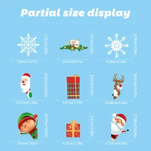 Size chart showing cartoon Christmas stickers dimensions for Santa and snowflake decals