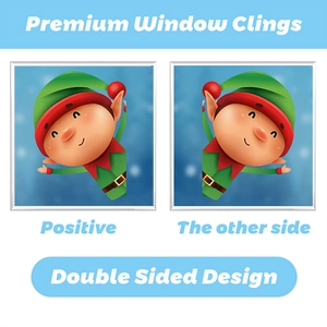 Double sided Christmas elf window clings showing both positive and reverse view designs