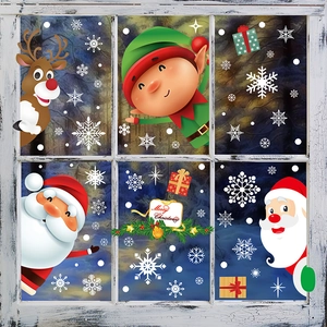 Christmas window static stickers set featuring cartoon Santa and Reindeer on glass