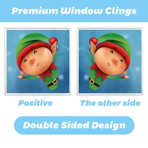 Double-sided Christmas window cling showing front and back views of a cute cartoon elf