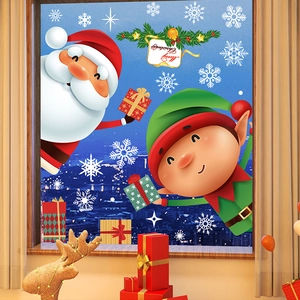 3D Santa Claus and elf static window stickers with Merry Christmas signs and snowflakes