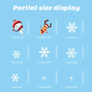 Detailed size chart showing measurements for Christmas window stickers with cartoon patterns
