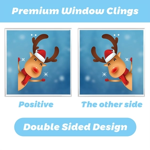 Double sided Christmas window cling showing cartoon reindeer with a red holiday hat