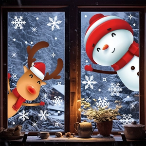 Cozy window view of Christmas elk and snowman static stickers with snowflakes decor