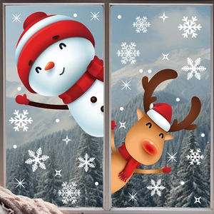Christmas window stickers featuring cartoon snowman and reindeer with white snowflakes
