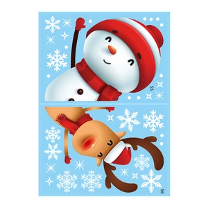 Christmas snowman and reindeer static window stickers with snowflakes for holiday decoration
