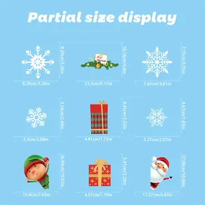 Tableau des tailles montrant les dimensions des stickers Père Noël et flocons de neige