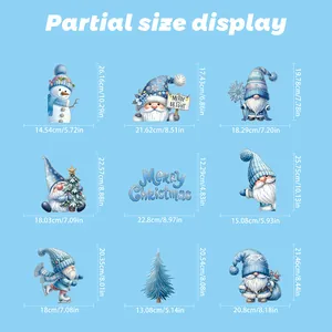 Detailed size chart showing dimensions for blue snowman and gnome Christmas window stickers