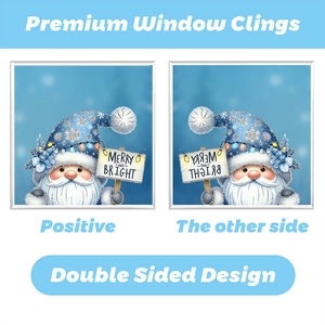 Detail of double-sided Christmas window clings showing blue snowman and holiday text