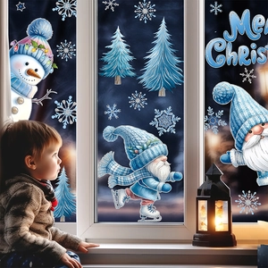 Cozy festive setting with blue glitter snowman and gnome Christmas window stickers