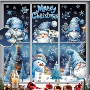 Blue glitter Christmas window stickers with festive gnomes, snowmen and Merry Christmas text