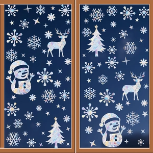 Holographic Christmas window stickers featuring rainbow effect snowflakes and reindeer