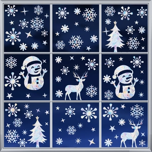 Christmas Suncatcher Window Clings Holographic Rainbow Static Glass Stickers Snowflake Reindeer Tree Snowman Holiday Decor