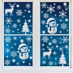 Detailed laser Christmas window stickers featuring snowman and deer with rainbow prism effect