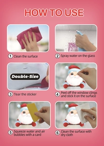 Detailed 6-step visual guide for applying double-sided Santa Christmas window decals