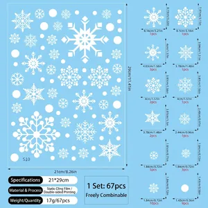 Size chart for Christmas snowflake window stickers showing 67 pieces on 21x29cm static film