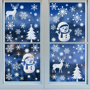 Iridescent Christmas window stickers with snowman and elk patterns for holiday glass decor