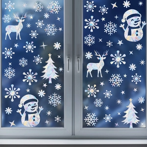 Christmas rainbow prism window film featuring snowflake, reindeer and snowman suncatcher designs