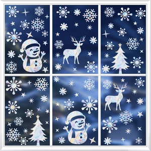 Holographic Christmas window clings featuring rainbow prism snowmen and reindeer