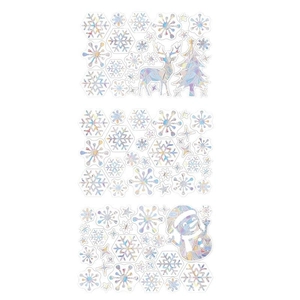 Rainbow laser Christmas window clings featuring reindeer, snowflake and tree motifs