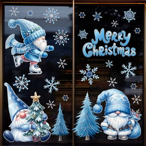Christmas Window Clings Blue Glitter Static PVC Stickers Gnome Snowman Snowflake Tree Holiday Decor For Glass