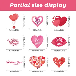 Detailed size chart for Valentine's Day stickers with measurements in cm and inches