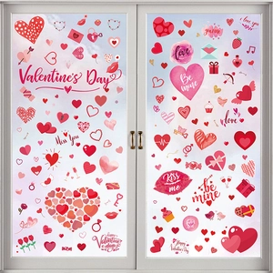 Red Valentine's Day window static clings with heart and lip patterns on glass doors