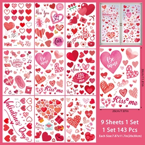 Detailed set of 9 static Valentine's Day window stickers with red hearts and kissing lips