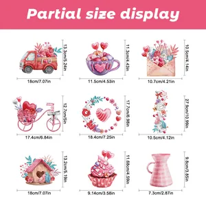 Detailed size guide for Valentine static window stickers showing various patterns and dimensions