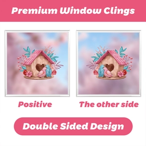 Double-sided window sticker showing a floral birdhouse with birds for home decor