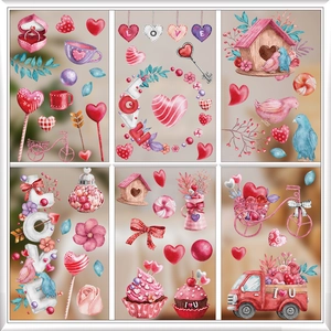 Watercolor Valentine hearts and birdhouse window decals for romantic home decoration