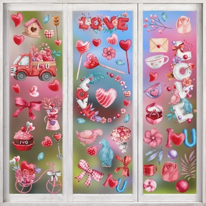 Valentine's Day heart window stickers with red truck and love motifs for home glass decor