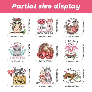 Size chart showing 9 cartoon animal window stickers including dimensions for Valentine's Day